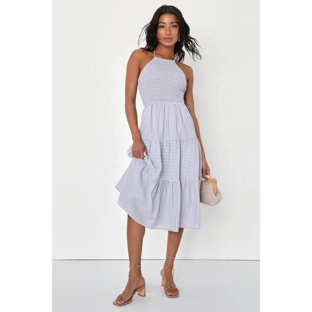 Lulus Chasing Sunshine Blue And White Striped Lace-up Midi Dress - Size S